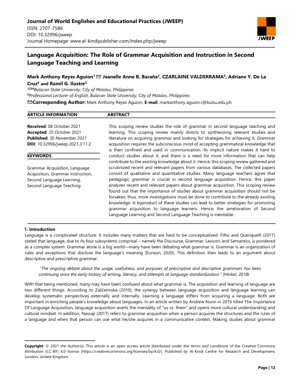 PDF Document Cover - The Role of Grammar Acquisition and Instruction in Second Language Teaching and Learning