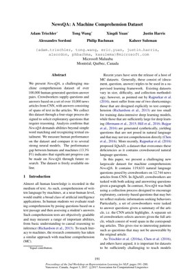 PDF Document Cover - NewsQA: A Challenging Machine Comprehension Dataset for NLP Research