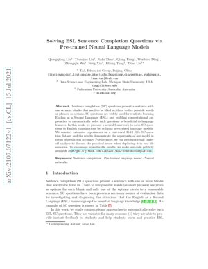 PDF Document Cover - Solving ESL Sentence Completion Questions via Pre-trained Neural Language Models