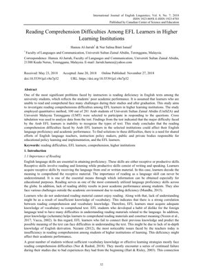 PDF Document Cover - Reading Comprehension Difficulties Among EFL Learners in Higher Learning Institutions