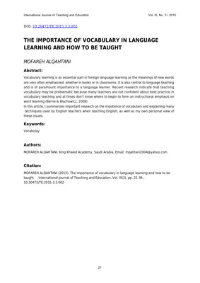 PDF Document Cover - The Importance of Vocabulary in Language Learning and How to Be Taught