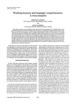 PDF Document Cover - Working Memory and Language Comprehension: A Meta-Analysis by Daneman & Merikle