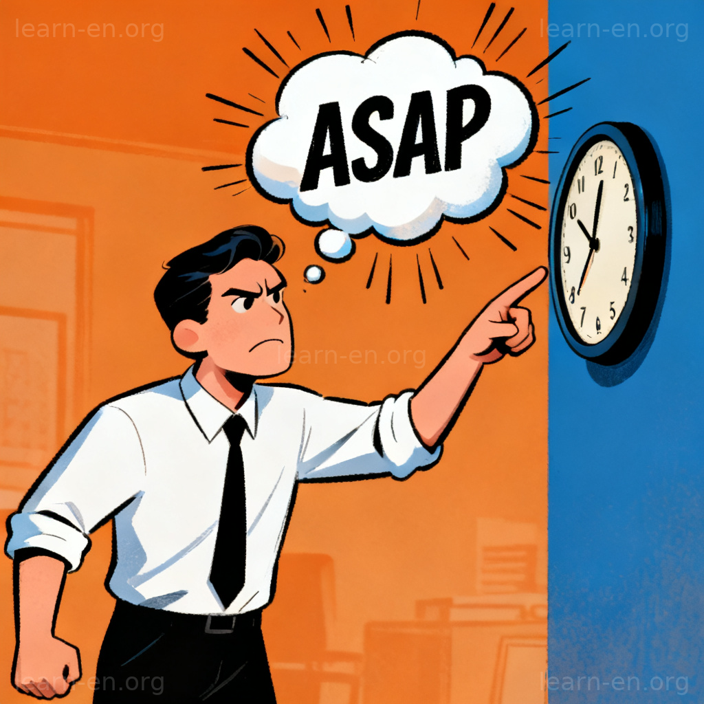 ASAP 含义图解：焦急的上班族指向时钟，表达紧急处理事务