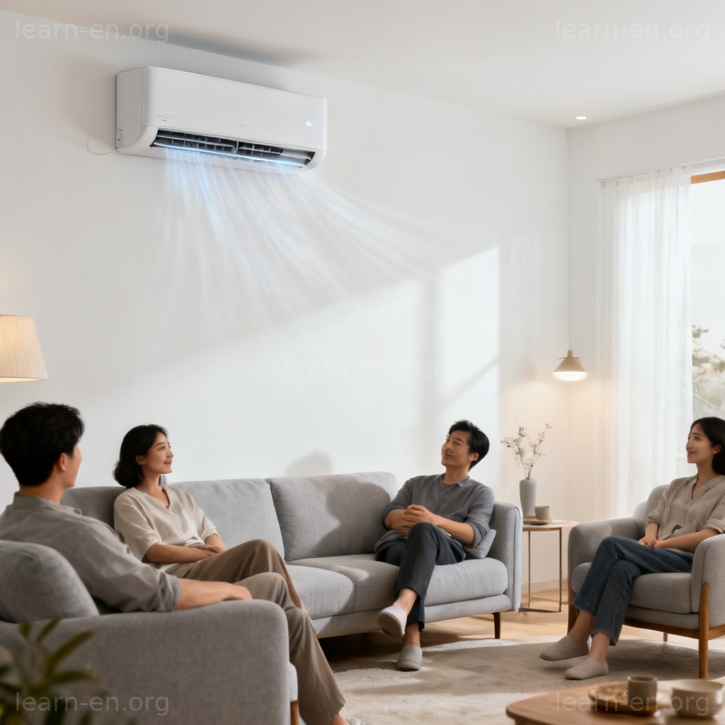 Air Conditioner 图解：现代客厅壁挂式空调制冷场景