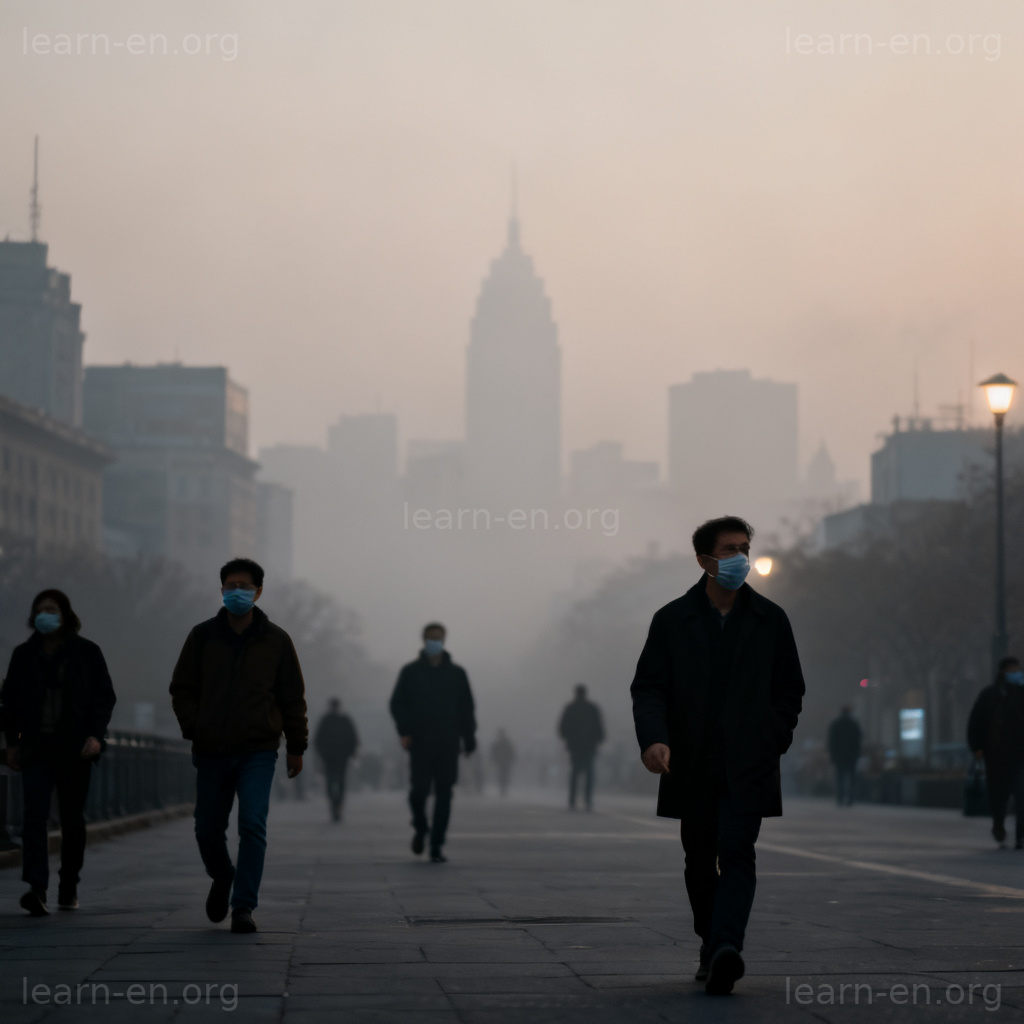 空气污染图解：雾霾笼罩的城市街景，行人佩戴口罩
