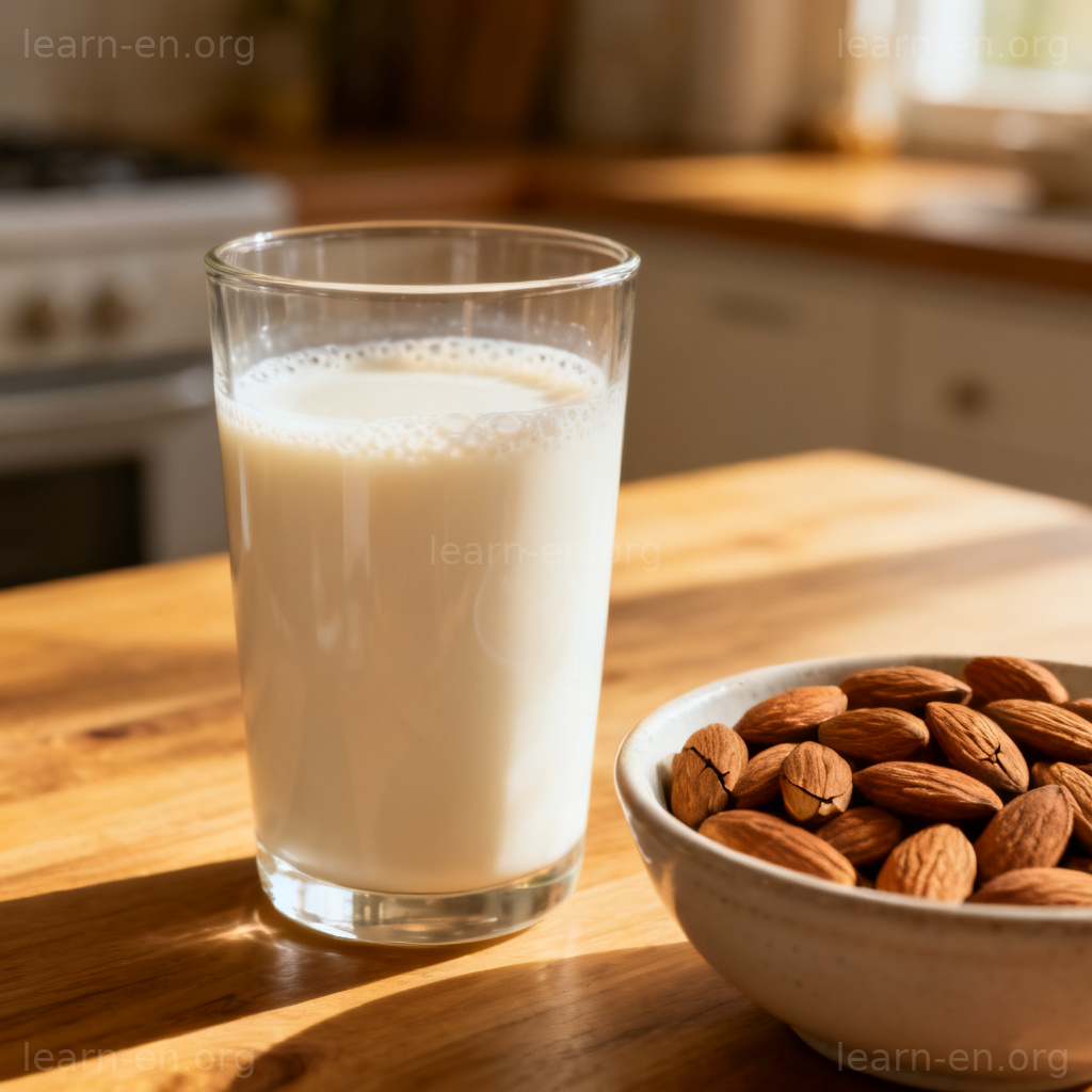 Almond Milk 杏仁奶图解：玻璃杯装杏仁奶与杏仁置于木桌
