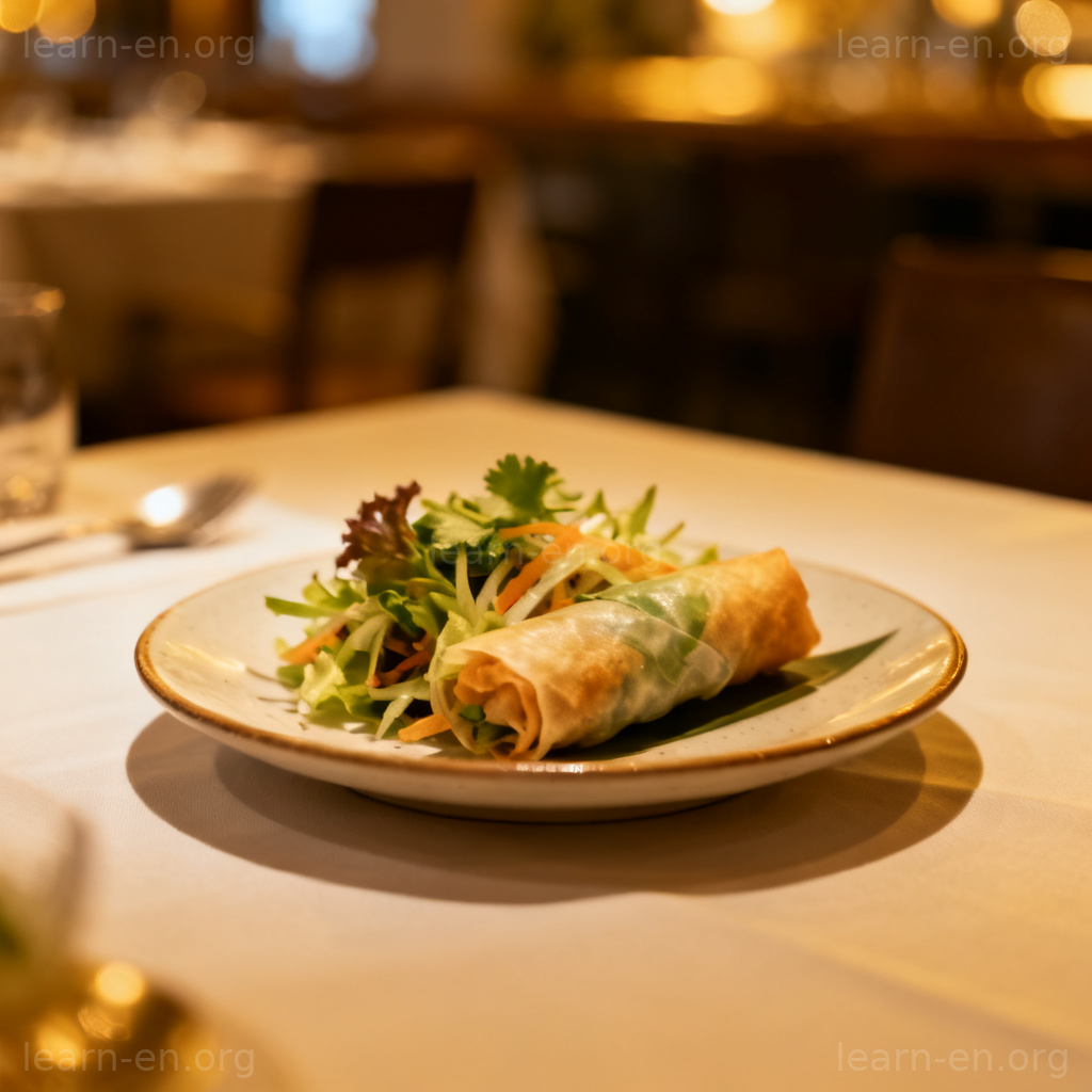 Appetizer 开胃菜图解：餐厅桌上摆放的一小盘精美春卷或沙拉