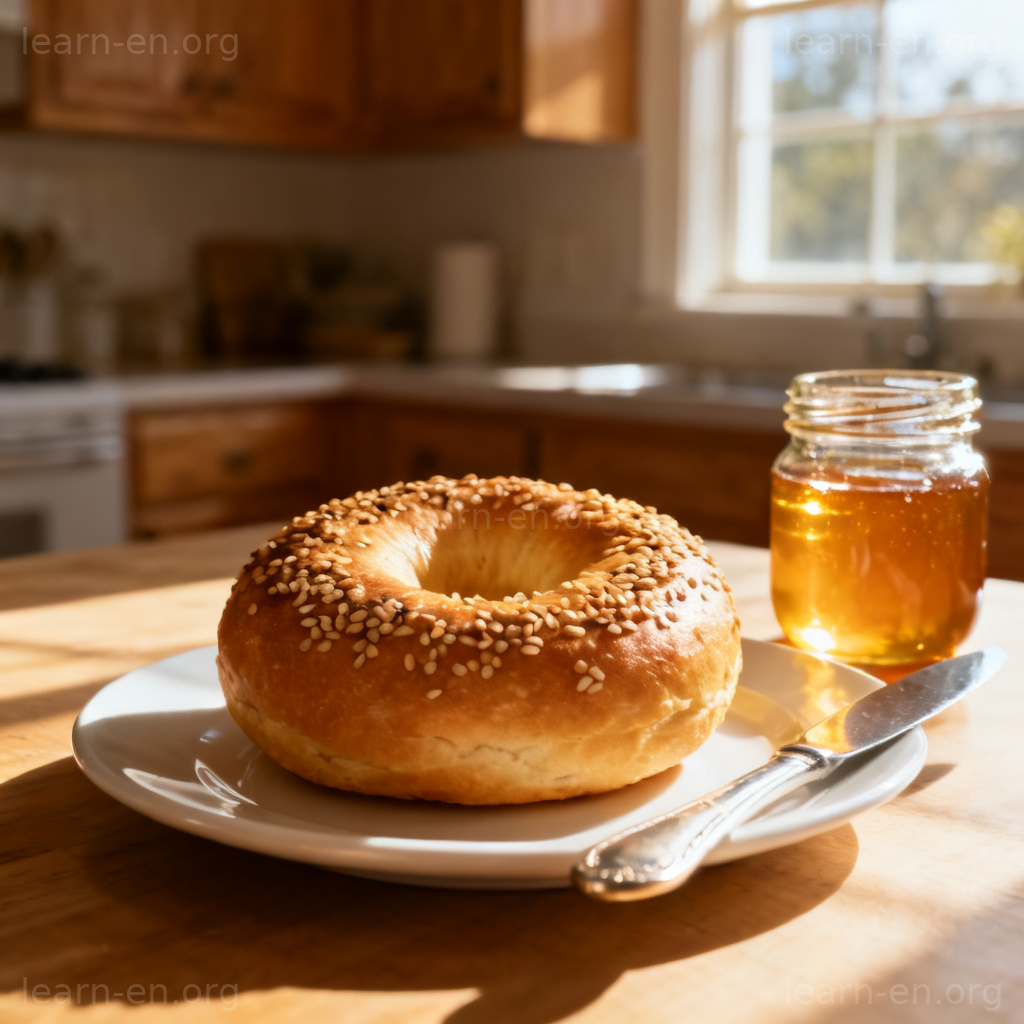 Bagel 百吉饼图解：金黄芝麻百吉饼配蜂蜜早餐场景