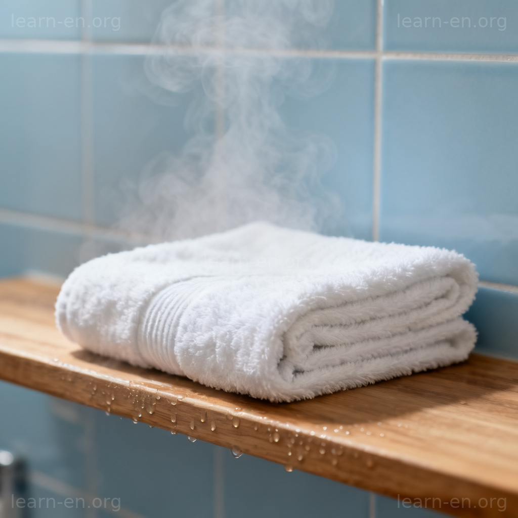 Bath Towel 浴巾图解：一条蓬松白毛巾叠放在蒸汽浴室架子上