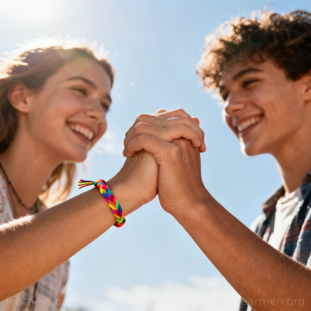 Best Friends Forever 图解：阳光下两位微笑好友手牵手，佩戴彩色友谊手链