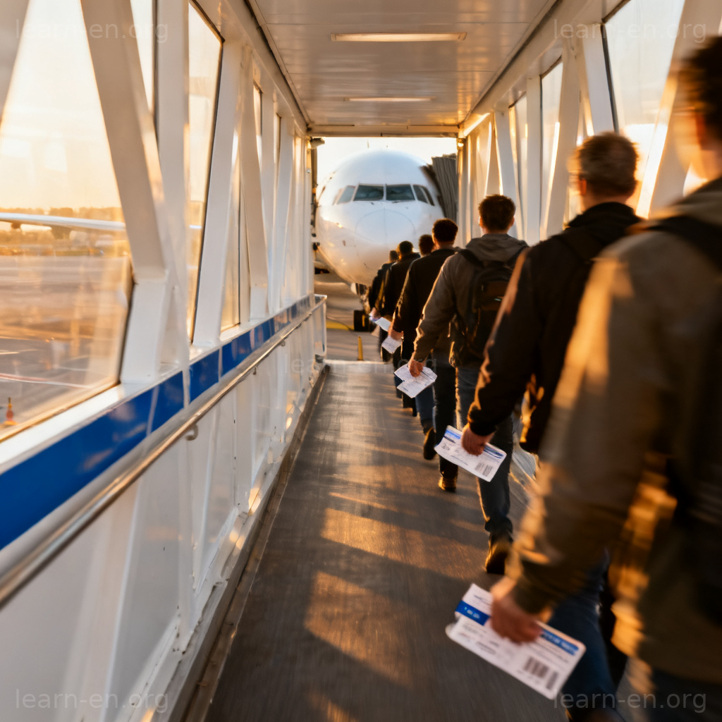 boarding 登机场景图解：乘客持登机牌通过廊桥