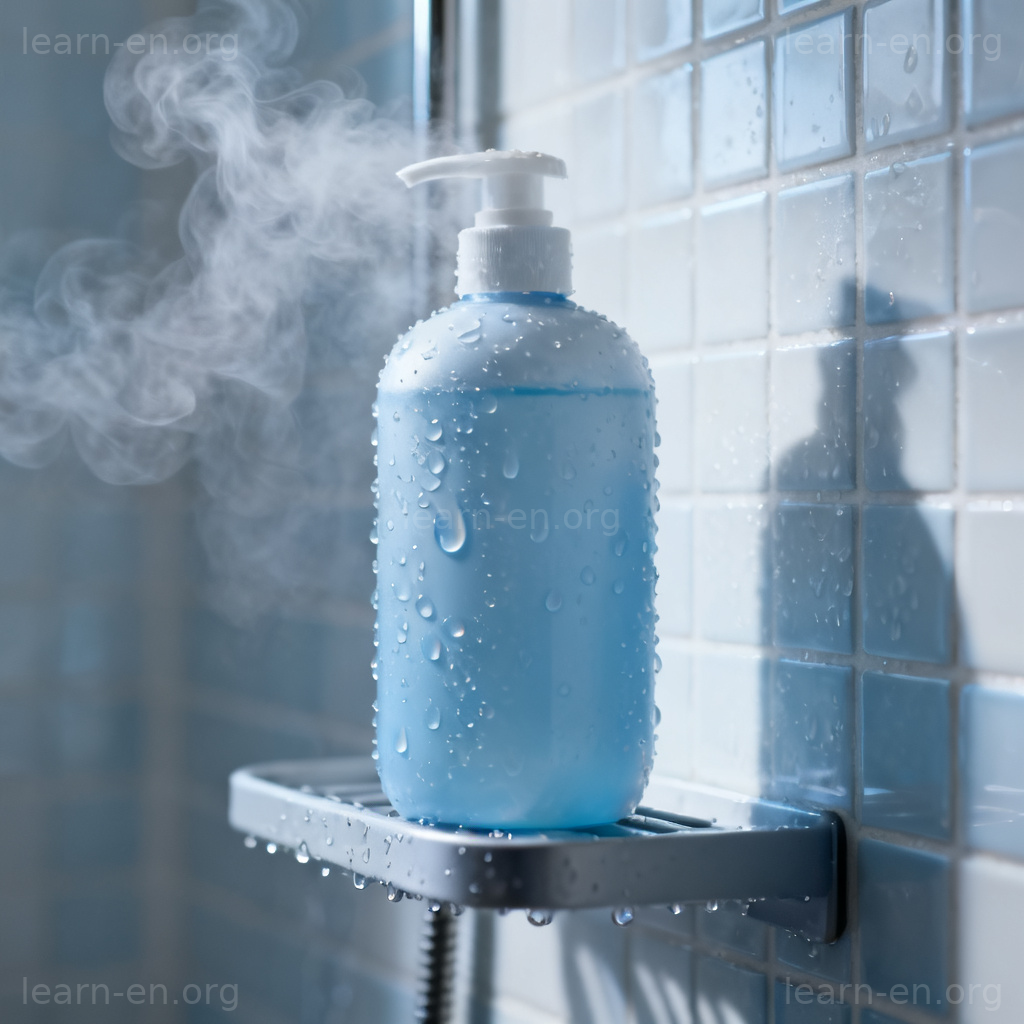 Body Wash 沐浴露图解：一瓶置于淋浴间的沐浴露，散发清新香气