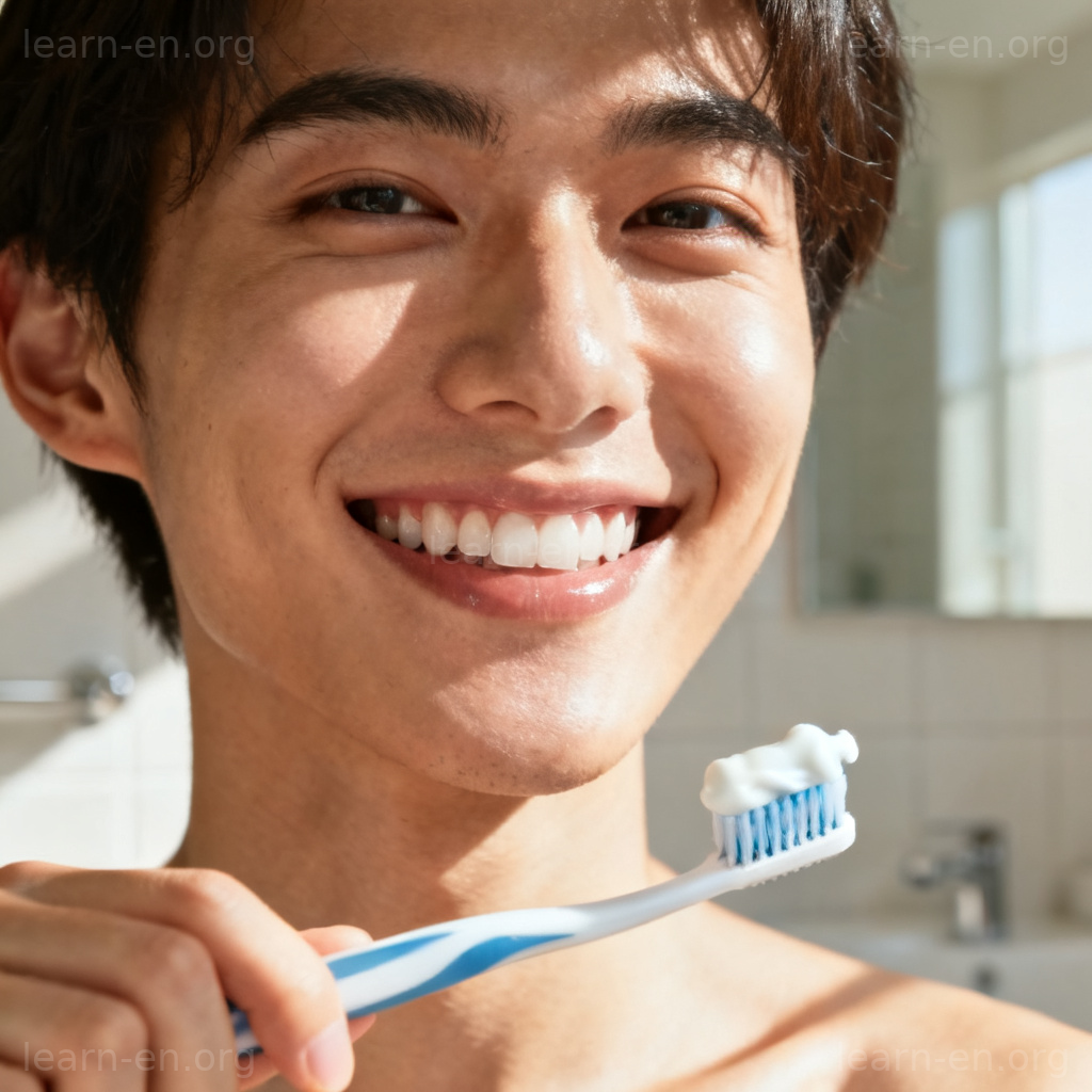 Brush Teeth 刷牙图解：人物在明亮浴室手持牙刷微笑展示洁白牙齿