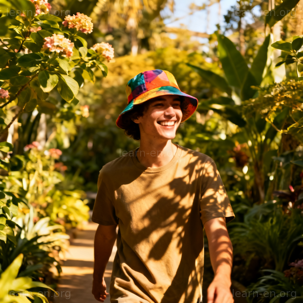 Bucket Hat 渔夫帽图解：人物在植物园佩戴彩色渔夫帽遮阳