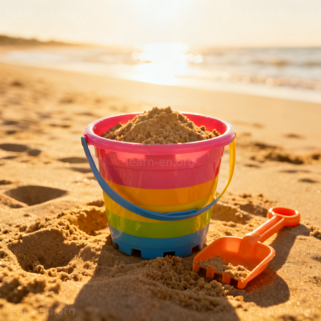 Bucket 图解：沙滩上装满沙子的彩色塑料桶和小铲子