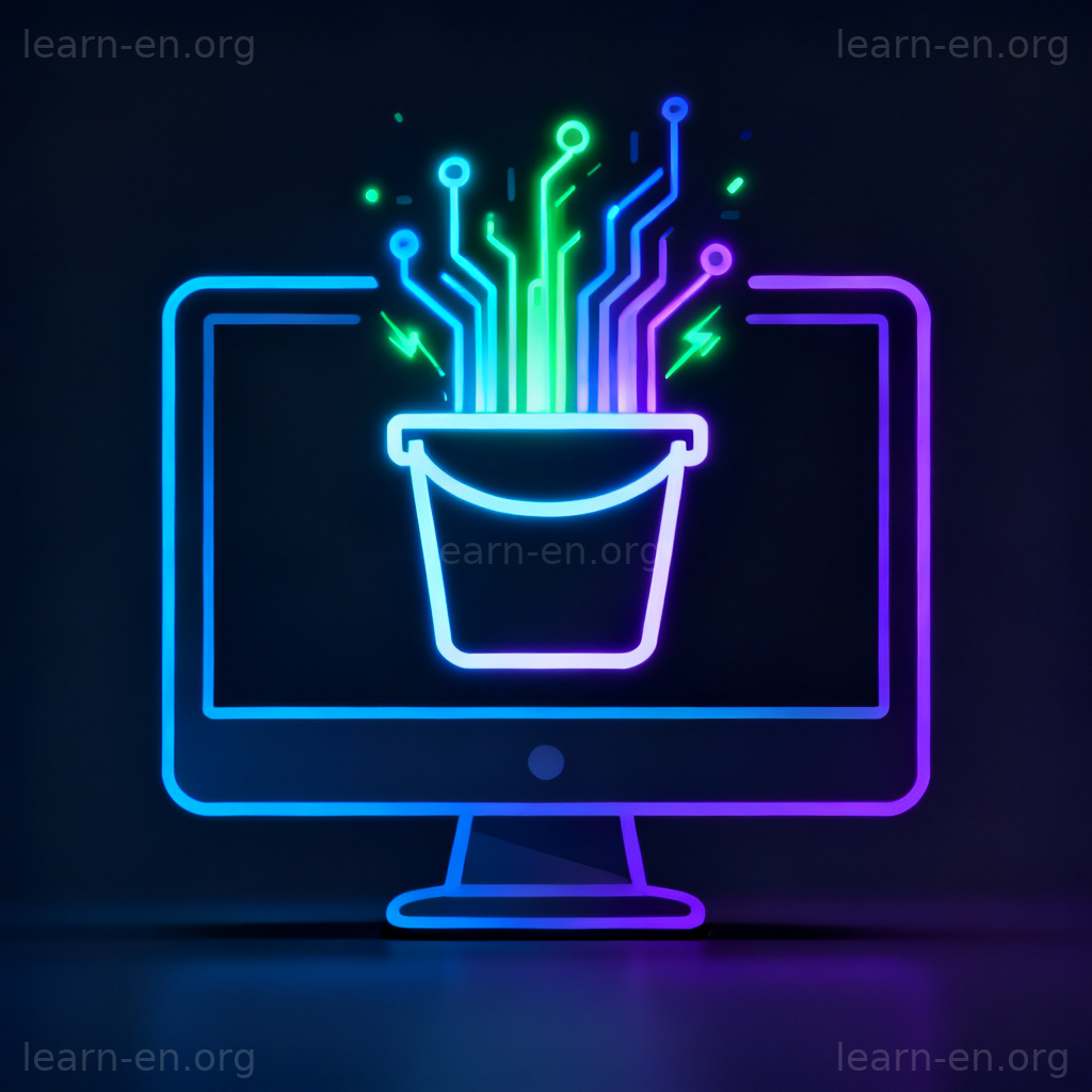 Bucket 图解：电脑屏幕上数据流汇入的数字化存储桶图标