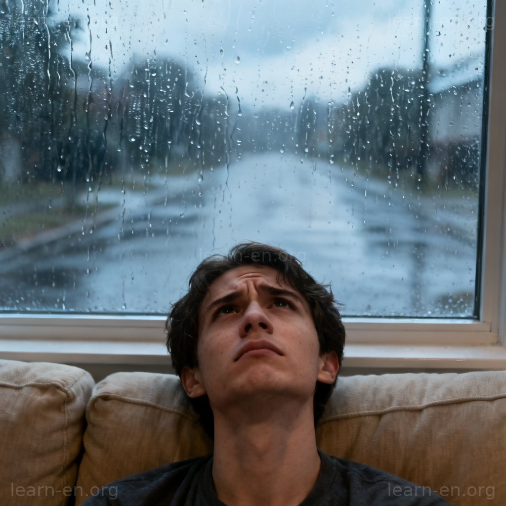 Bummed out 图解：因计划取消而沮丧的人坐在沙发上望着窗外下雨