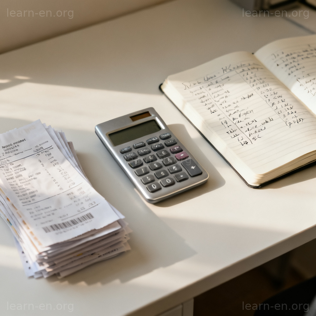 Business Expenses 商务开支图解：办公桌、收据与计算器