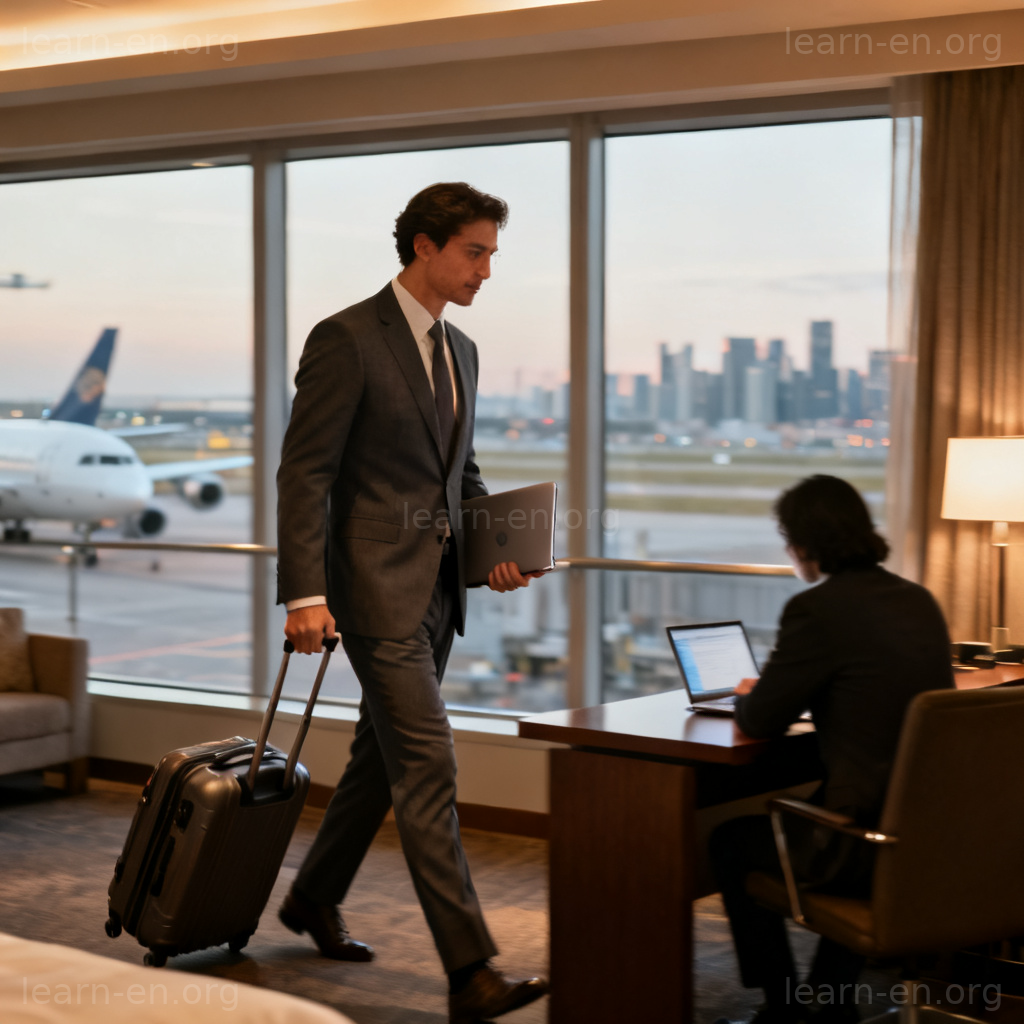 Business Trip 出差图解：专业人士携带行李箱和笔记本电脑在机场