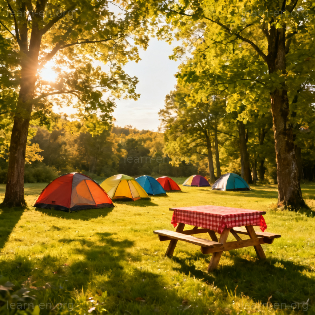 Campsite 图解：阳光草地上的彩色帐篷露营地场景