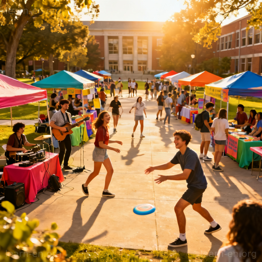 Campus Activities 图解：阳光校园中学生在多彩摊位进行音乐和飞盘活动