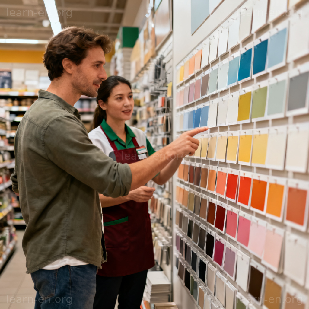 Can I see a color chart 图解：顾客在商店礼貌询问查看色卡场景