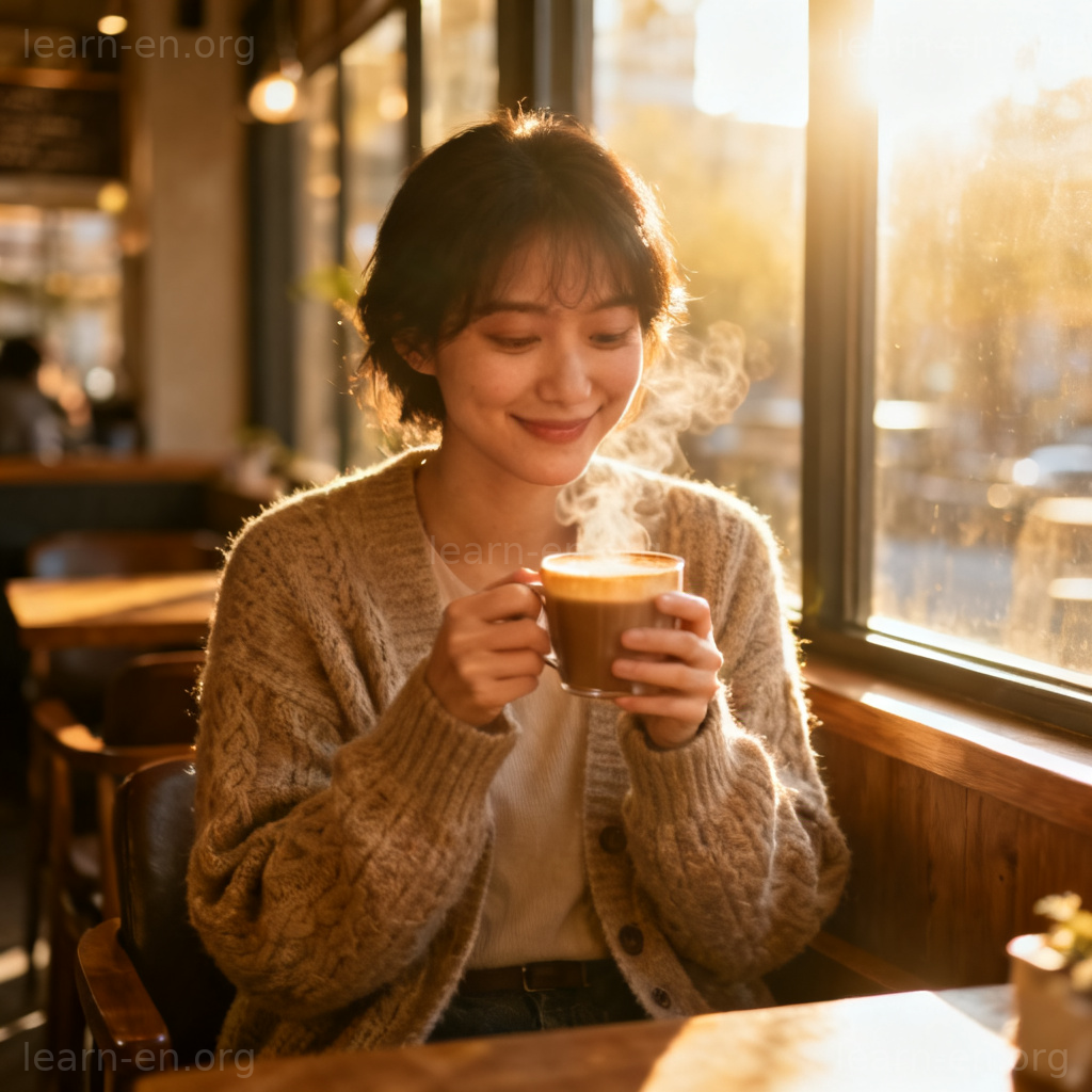 Cardigan Sweater 开襟毛衣图解：阳光咖啡馆中穿着舒适开衫的人物场景