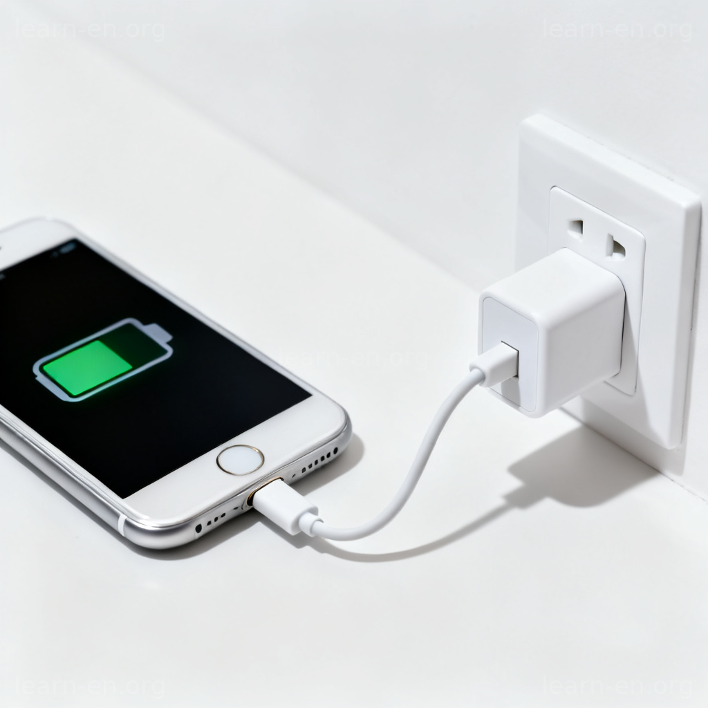 Charger 充电器图解：手机连接白色充电器在插座上充电