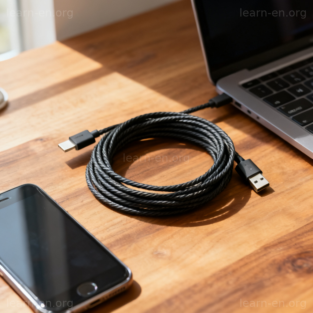 Charging Cable 充电线图解：木质书桌上的线圈充电线连接手机与电脑