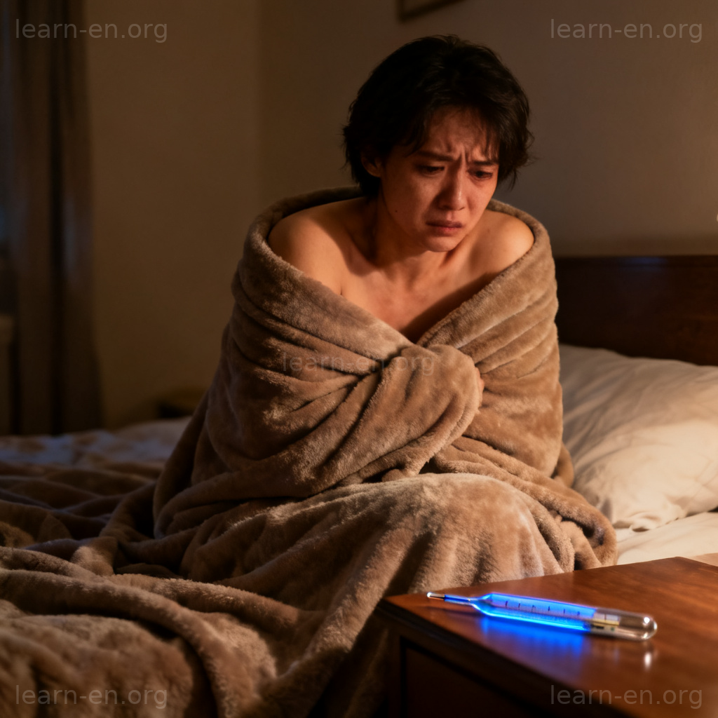 Chills 身体发冷图解：病人裹毯发抖，伴有体温计