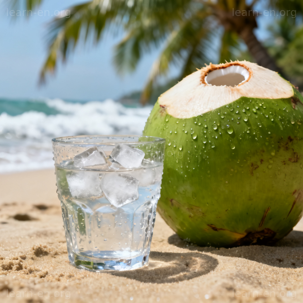 Coconut Water 图解：热带海滩上盛有青椰子水的玻璃杯，象征清爽健康