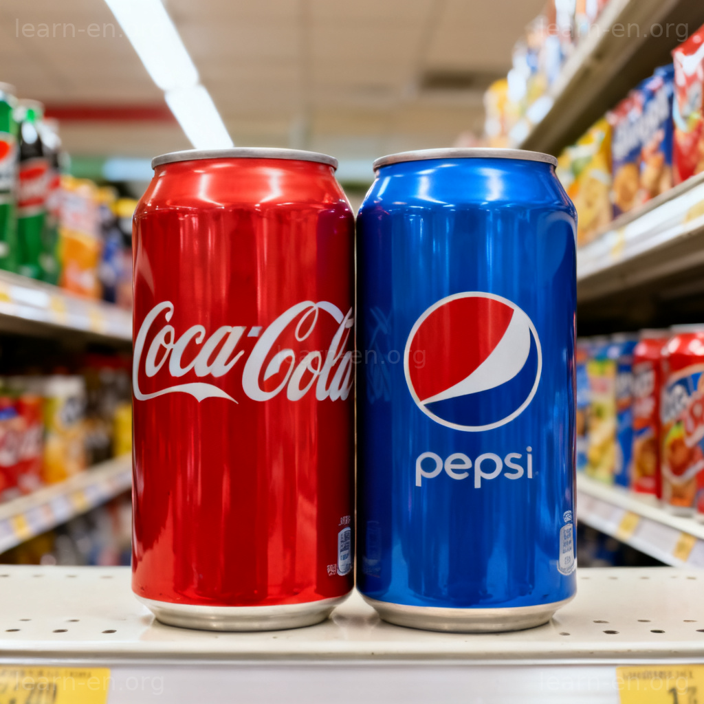 Cola 品牌对比图解：红色与蓝色可乐罐在货架上