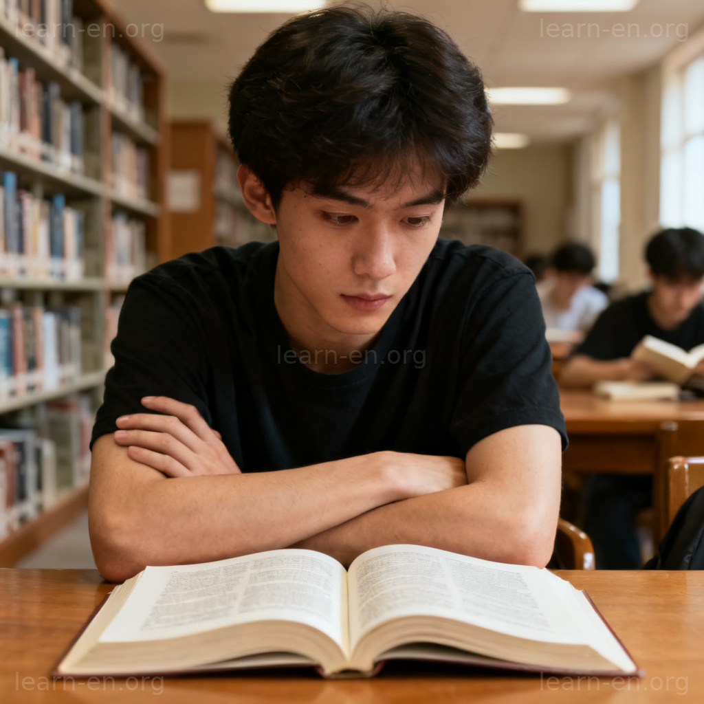 Crossed Arms 抱臂专注姿态图解：图书馆中沉思的学生