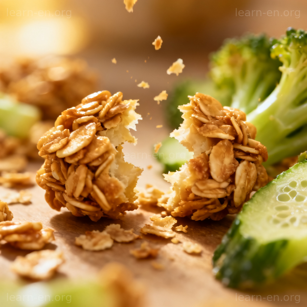 Crunchy 图解：酥脆麦片或新鲜蔬菜被咬开的特写场景