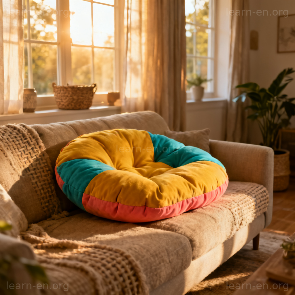 Cushion 图解：客厅沙发上的彩色软垫，展示舒适坐靠场景