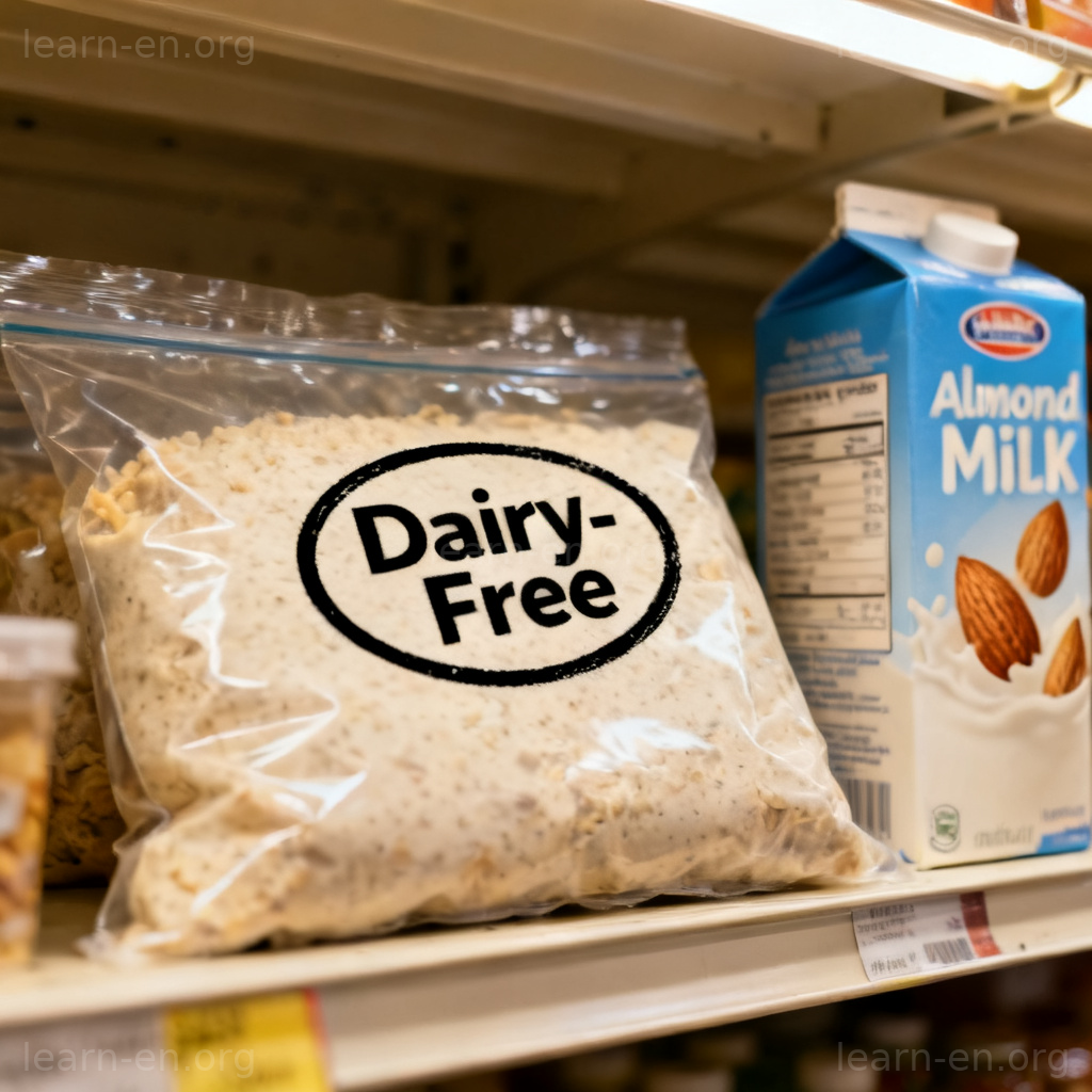 Dairy-Free 食品包装图解：超市货架上带有清晰无乳糖标识的杏仁奶