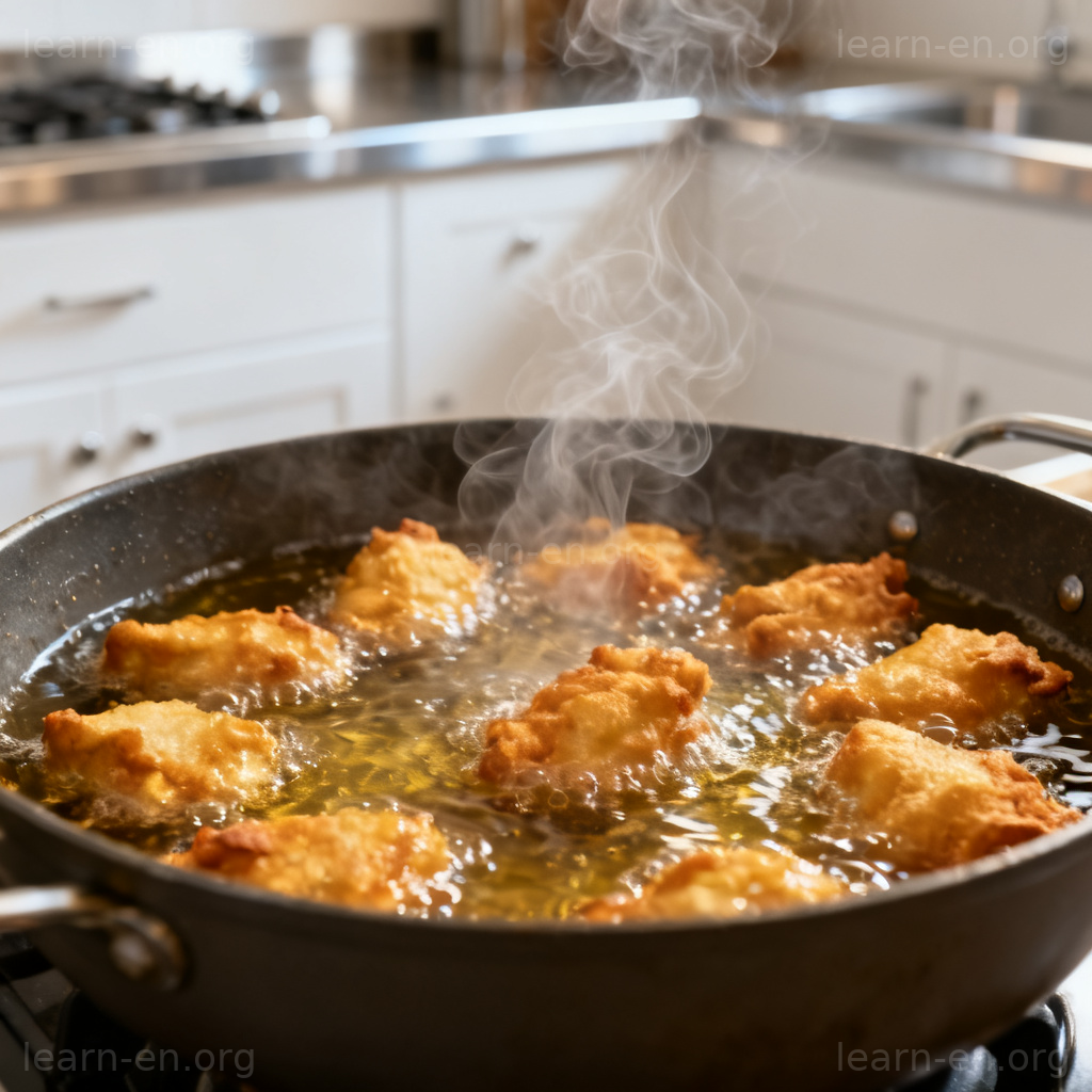 deep-fry 油炸图解：金黄食物在热油中烹炸的厨房场景