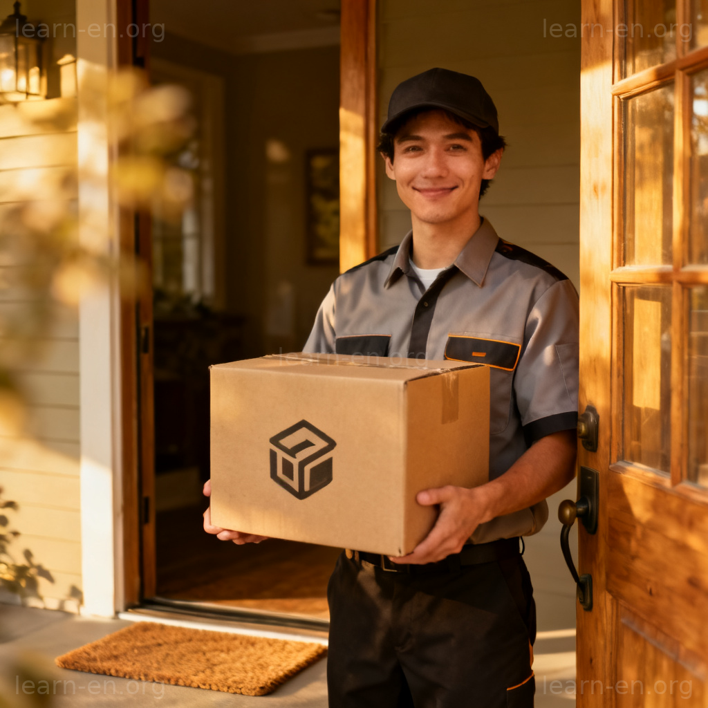 Delivery Man 送货员场景图解：穿制服人员手持纸箱站在家门口