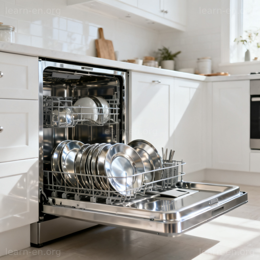 Dishwasher 图解：现代厨房中的银色洗碗机内部摆放干净餐具