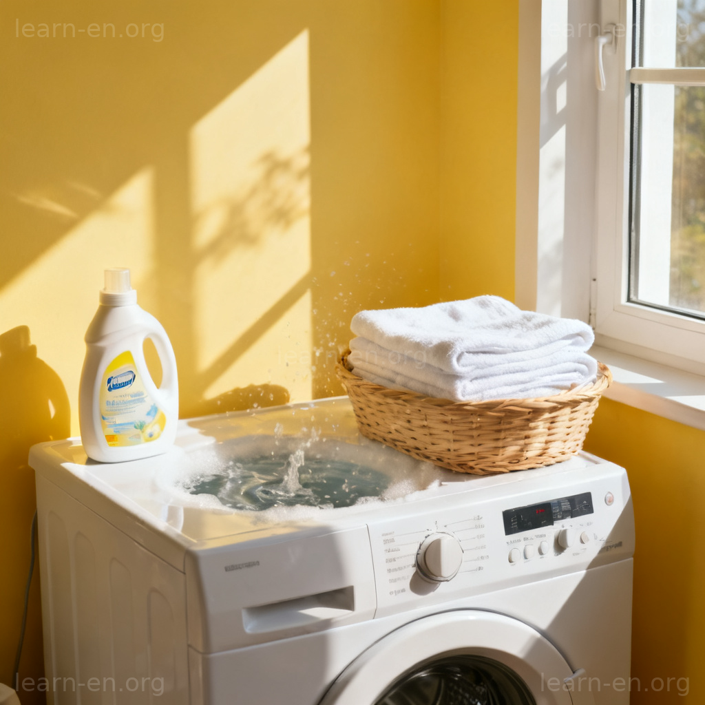 do the laundry 图解：洗衣机运转，旁边放着洗衣液和叠好的干净毛巾