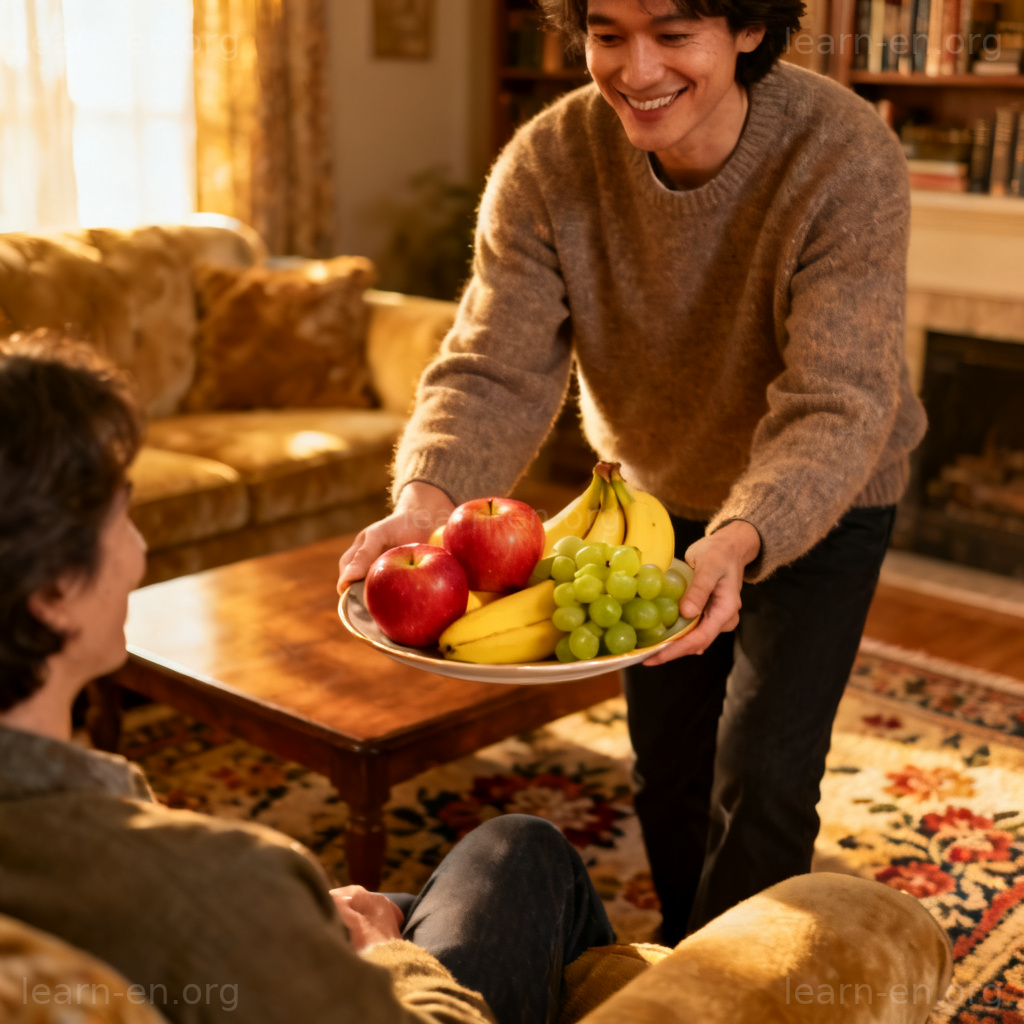 Do you want some fruit 场景图解：主人向客人热情提供水果盘