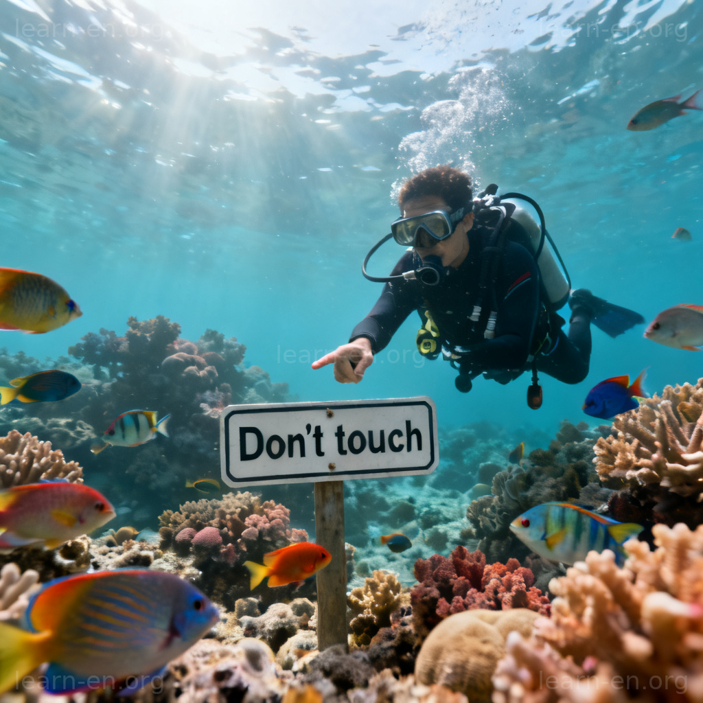 Don't touch the marine life 图解：潜水员指向勿触摸警示牌与珊瑚礁场景