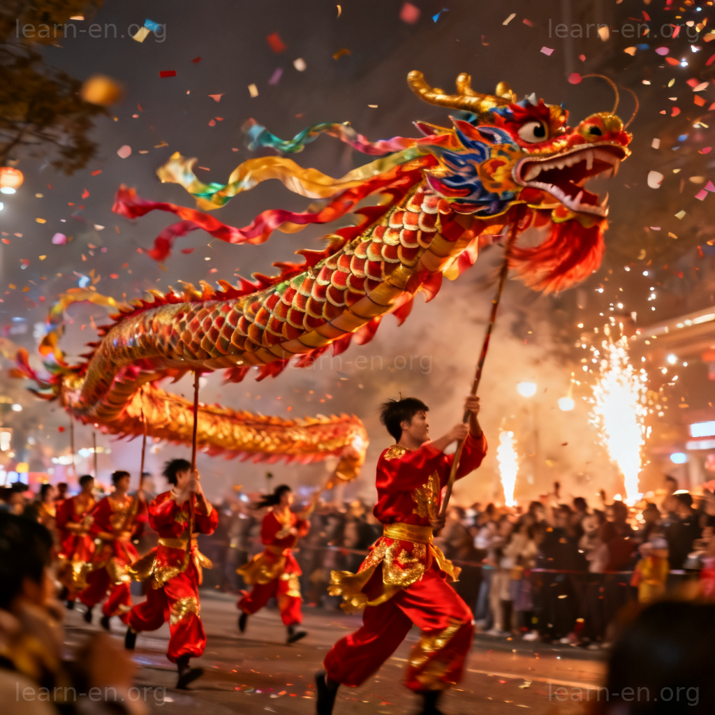 Dragon Dance 舞龙表演图解：春节游行中舞动长龙道具的场景