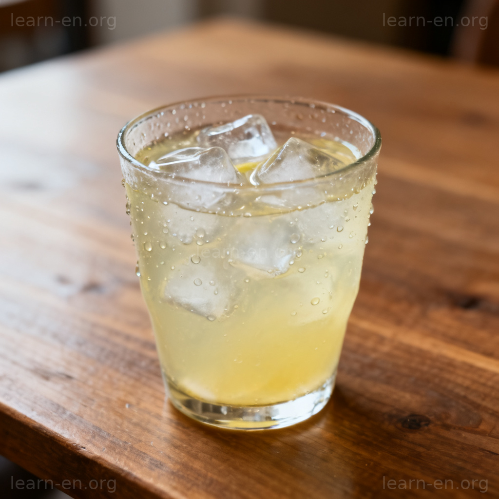 Extra ice 图解：一杯加满透明冰块的柠檬水，展示'多加冰'场景