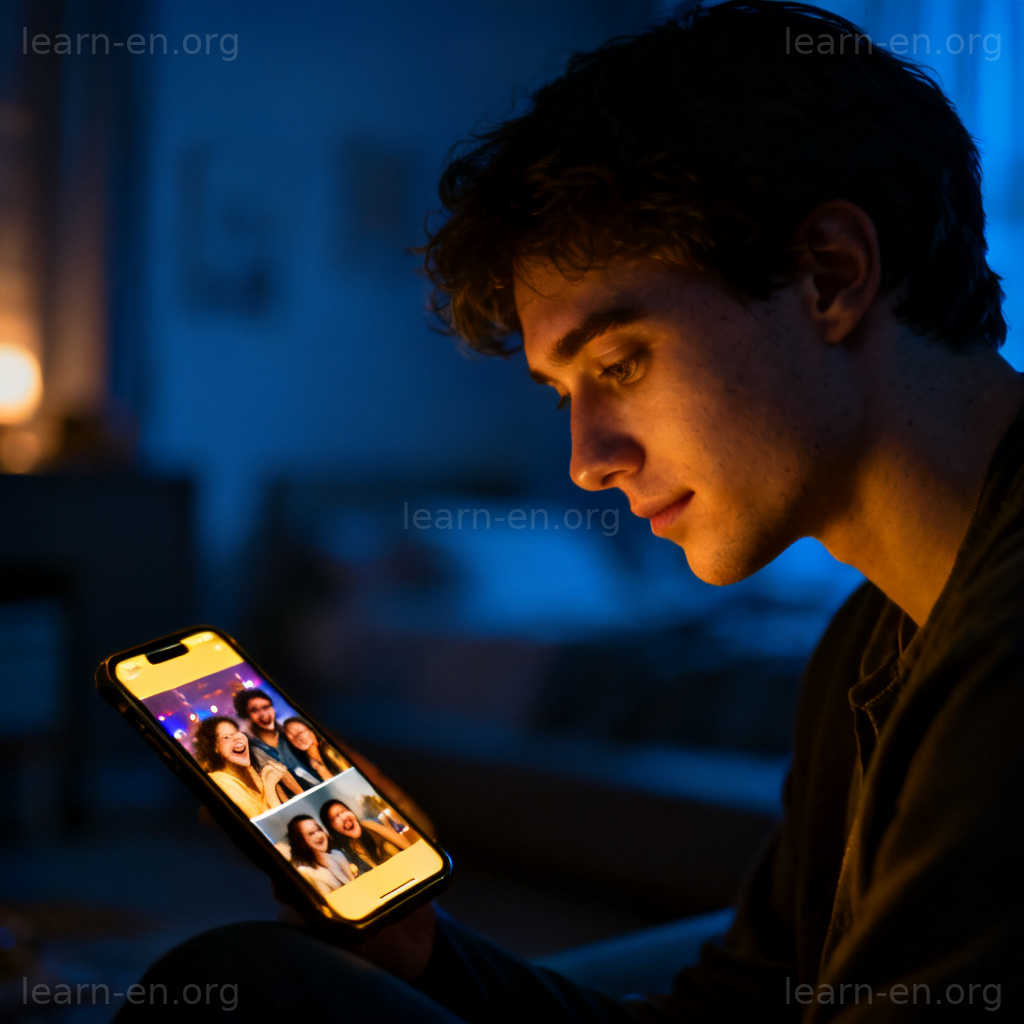 FOMO 错失恐惧症图解：深夜独处者查看朋友聚会照片的手机屏幕