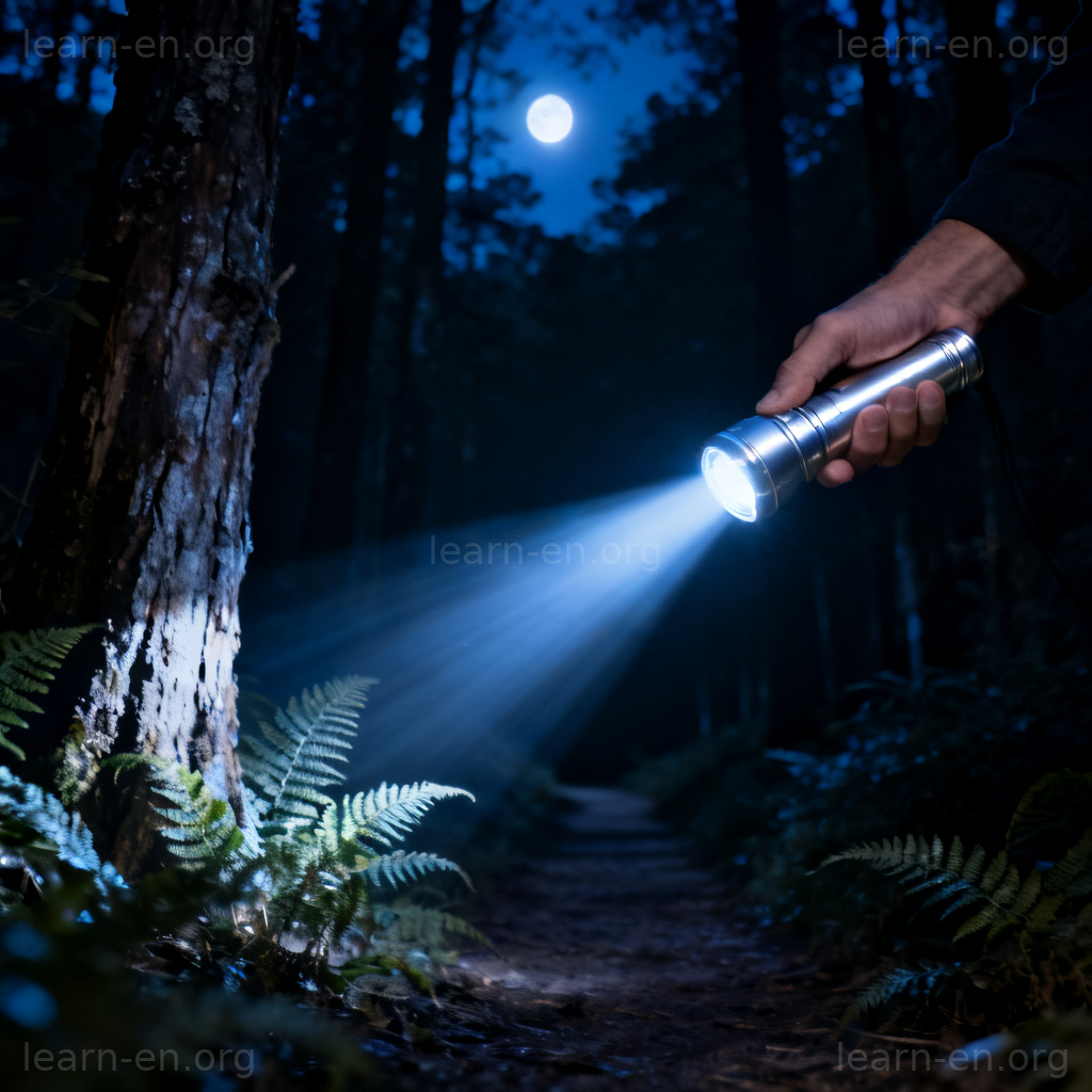 Flashlight 图解：手持银色手电筒照亮夜晚森林小径的场景