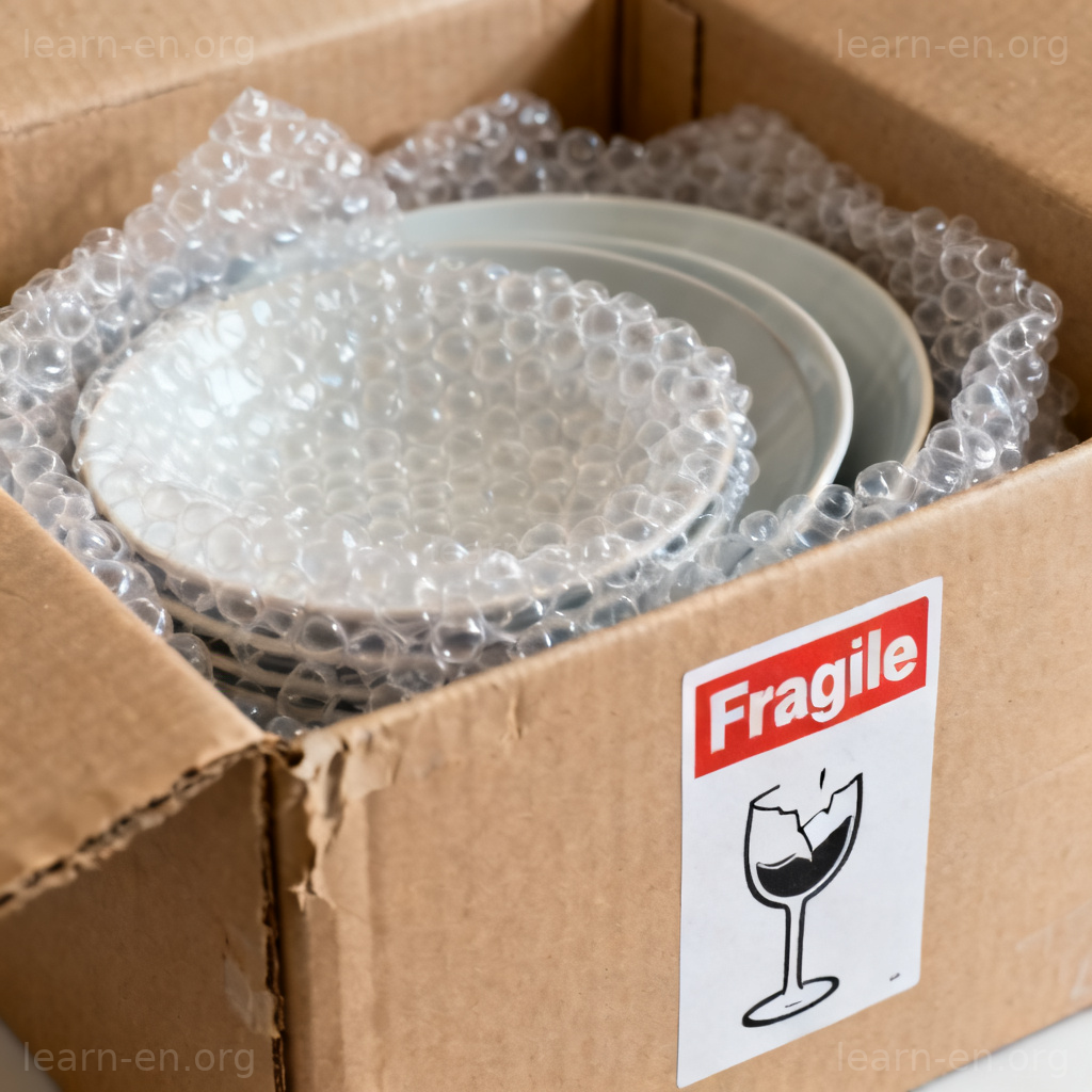 Fragile Items 图解：贴有易碎标签的纸箱，内装气泡膜包裹的餐具