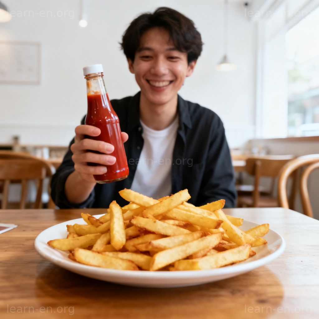 French Fries 薯条图解：金黄酥脆的薯条搭配番茄酱，置于明亮餐厅场景