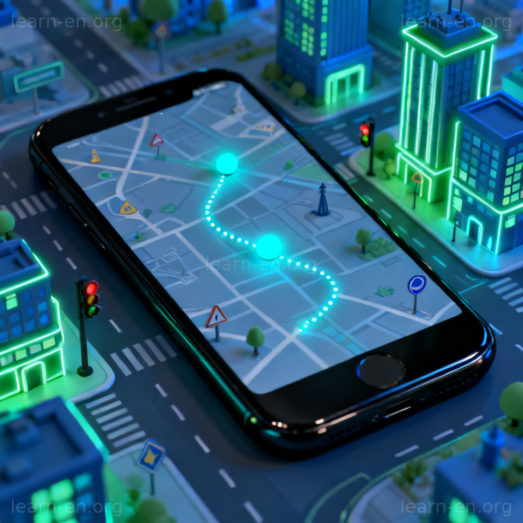 GPS Tracking 图解：智能手机地图上沿城市配送路线移动的光点