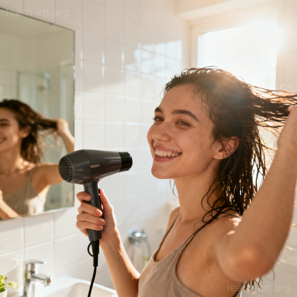 Hair Dryer 吹风机图解：人物在明亮浴室中用吹风机吹干湿发